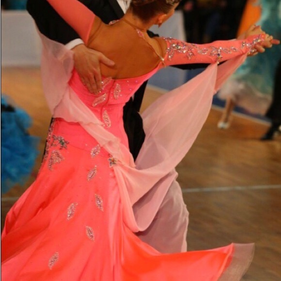 Pink ballroom dance dress with long sleeves and shinny stones and floats - Picture 6 of 6